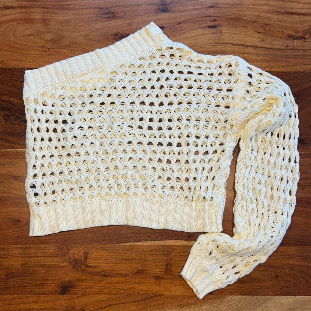 Anthropologie Cream One-Shoulder Mesh Blouse - Picture 2 of 11